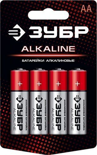 Щелочная батарейка 1.5 В, тип АА, 4 шт, ЗУБР Alkaline Щелочная батарейка 1.5 В, тип АА, 4 шт, ЗУБР Alkaline